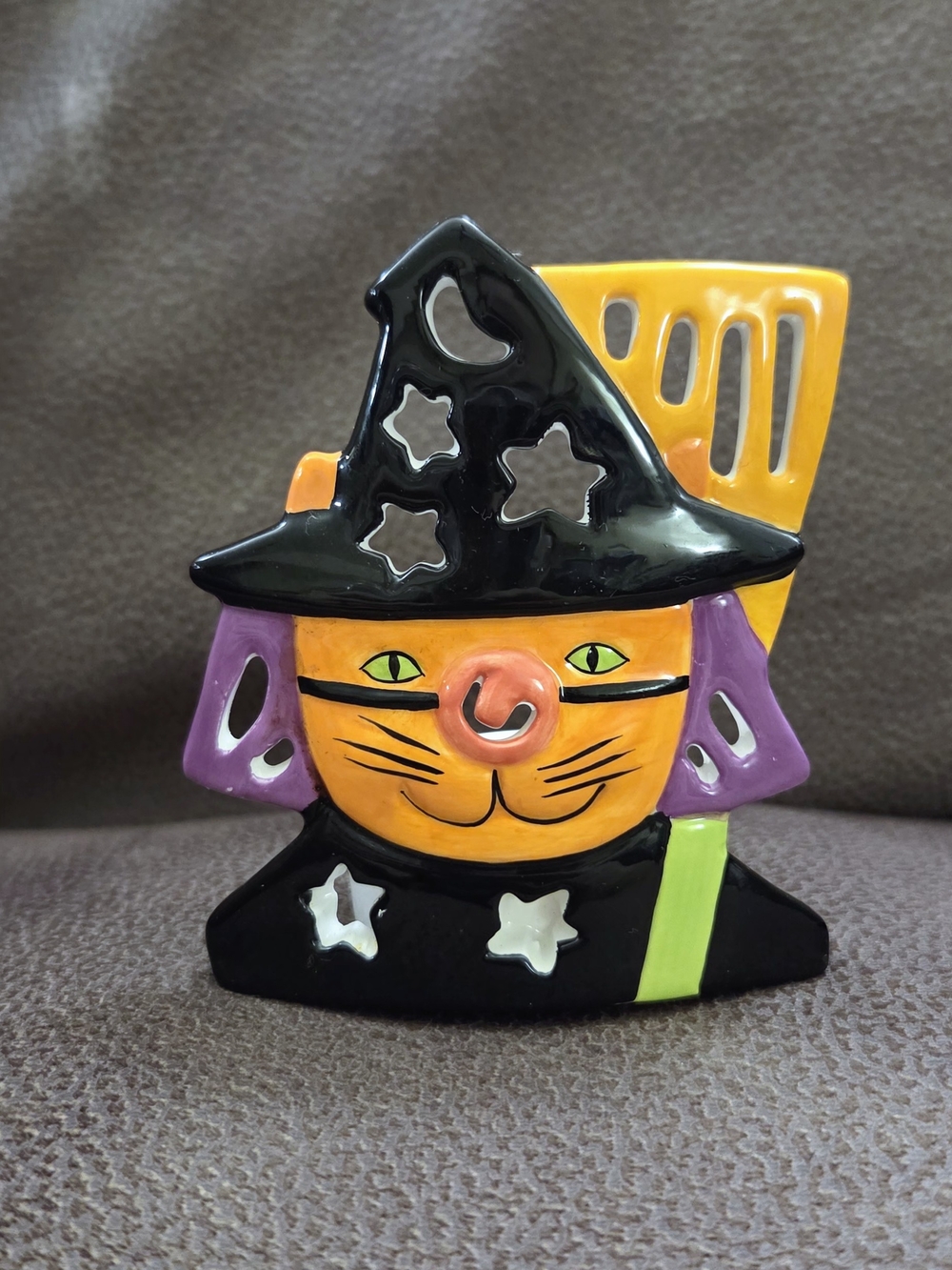 Vintage Halloween Witch Cat Ceramic Tea Light Holder
